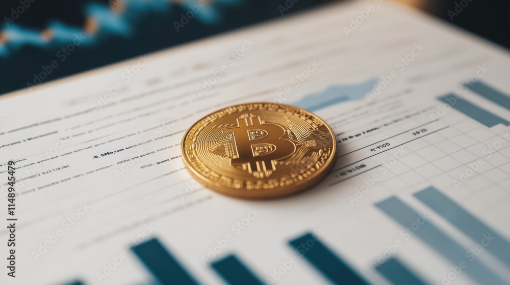 A Gold Coin Placed on Top of a Financial Report with Bar and Line Charts, Symbolizing Wealth Accumulation and Market Analysis A Gold Coin Placed on Top of a Financial Report with Bar and Line Charts, Symbolizing Wealth Accumulation and Market Analysis