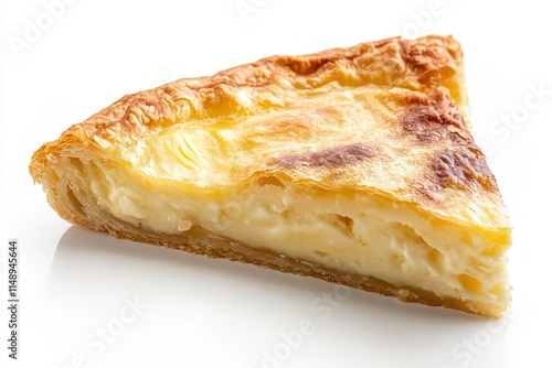 Slice of tasty cheese pie on white background photo