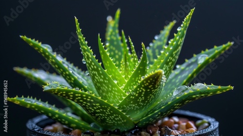 Close-up of a vibrant aloe vera plant with dewdrops on its leaves, showcasing nature's hydration and freshness. photo