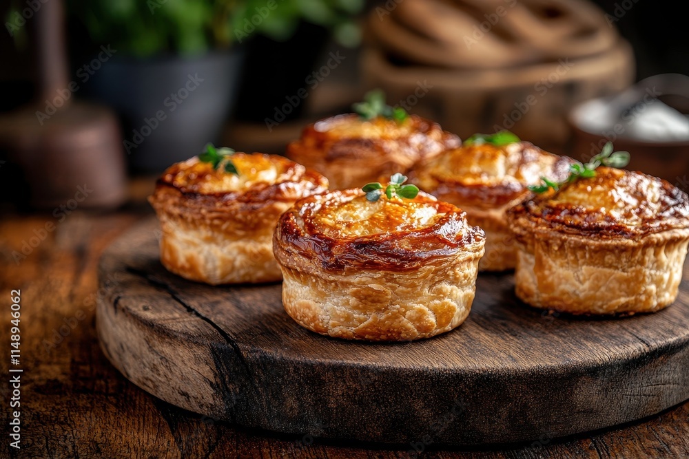 Small Melton Mowbray pork pies on a rough wooden surface Small Melton Mowbray pork pies on a rough wooden surface