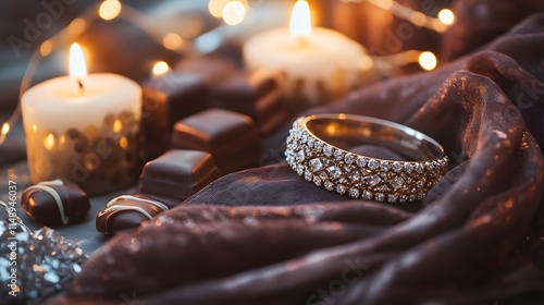 A romantic setting featuring an elegant ring, rich chocolates, and soft candlelight, evoking feelings of love and luxury. Perfect for special occasions and celebrations. photo