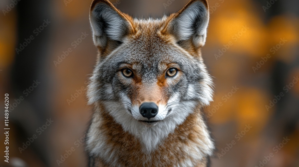 A majestic coyote stares intently at the viewer amidst the autumn foliage, showcasing the beauty and mystery of wildlife in its natural habitat during fall A majestic coyote stares intently at the viewer amidst the autumn foliage, showcasing the beauty and mystery of wildlife in its natural habitat during fall