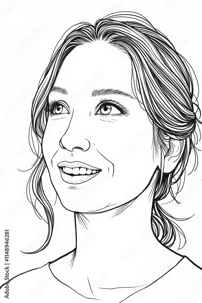Stylized line art portrait of a smiling young woman with elegant hair, drawn on a clean white background Stylized line art portrait of a smiling young woman with elegant hair, drawn on a clean white background
