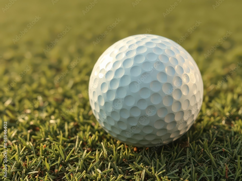 Close-up of a dimpled golf ball on a putting green, textured, clean, grass Close-up of a dimpled golf ball on a putting green, textured, clean, grass