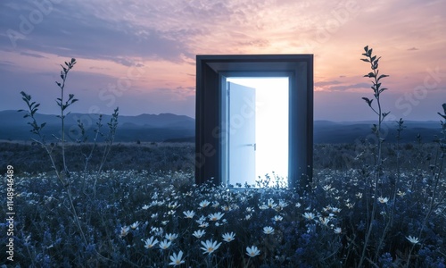 A single door stands open in a field of flowers, bathed in the soft glow of a magical sunset. The open door symbolizes possibility and hope, inviting the viewer to step into a new adventure.
