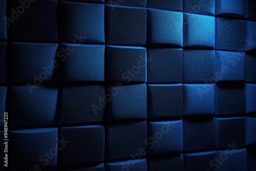 Soundproofed recording studio featuring dark acoustic foam and blue lighting ideal for radio or podcast backgrounds with space for website banner
