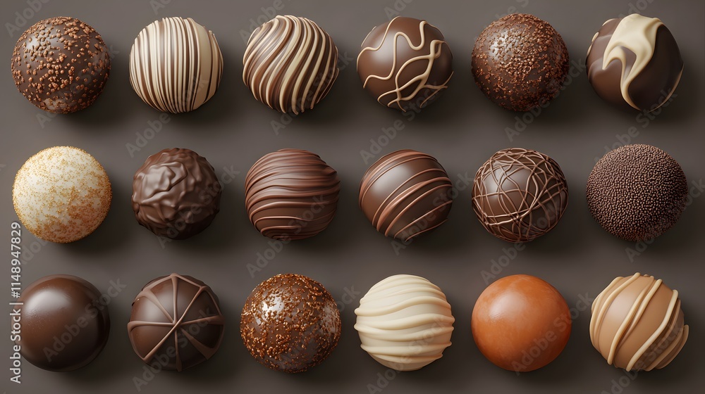 An array of delicious chocolate truffles displayed artfully, showcasing various textures and designs, perfect for dessert lovers and culinary art enthusiasts. An array of delicious chocolate truffles displayed artfully, showcasing various textures and designs, perfect for dessert lovers and culinary art enthusiasts.