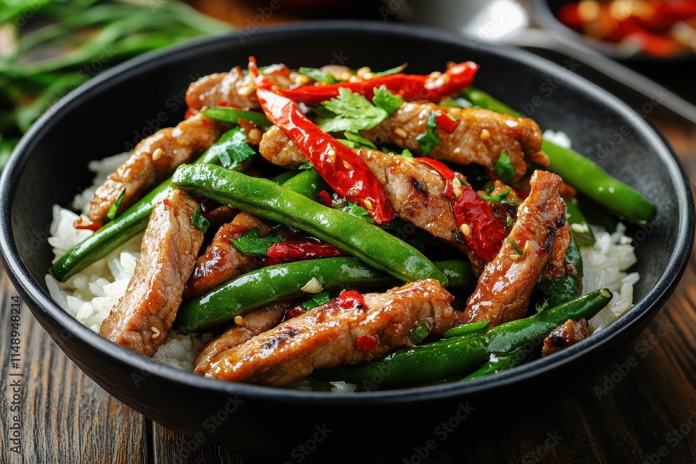 Stir fried pork with green beans rice garlic chili and ginger Asian cuisine Stir fried pork with green beans rice garlic chili and ginger Asian cuisine