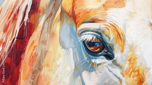 Close up view of a vibrant airbrush painting of a confident horse expression