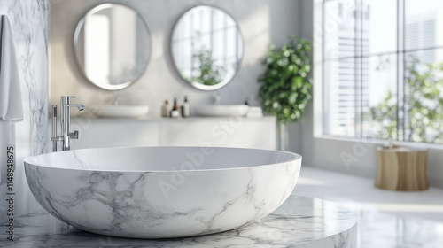  "Elegant Display: Marble Top Table with Bathroom Ambience"

