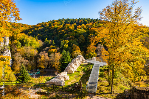 Viewpoint platform in castle park with autumn fall colors of trees in Ojcow National Park, Poland photo