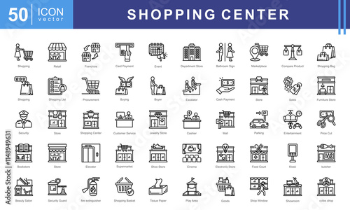 Shopping Center icon collection set. Containing destination, retail park, cashier, basket, buyer, strip mall, shelf icon. Simple vectors illustration.