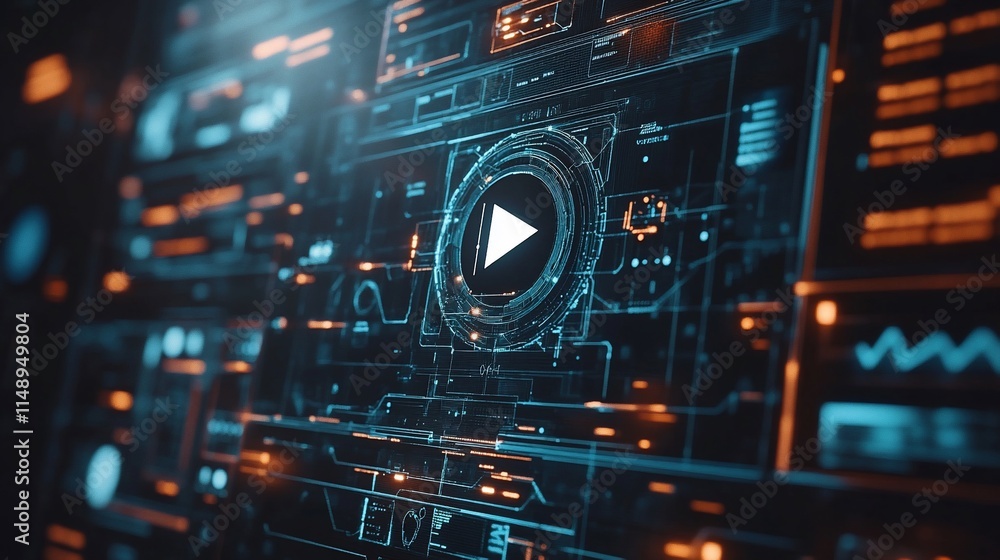 Futuristic digital interface with play button and data visualizations. Futuristic digital interface with play button and data visualizations.