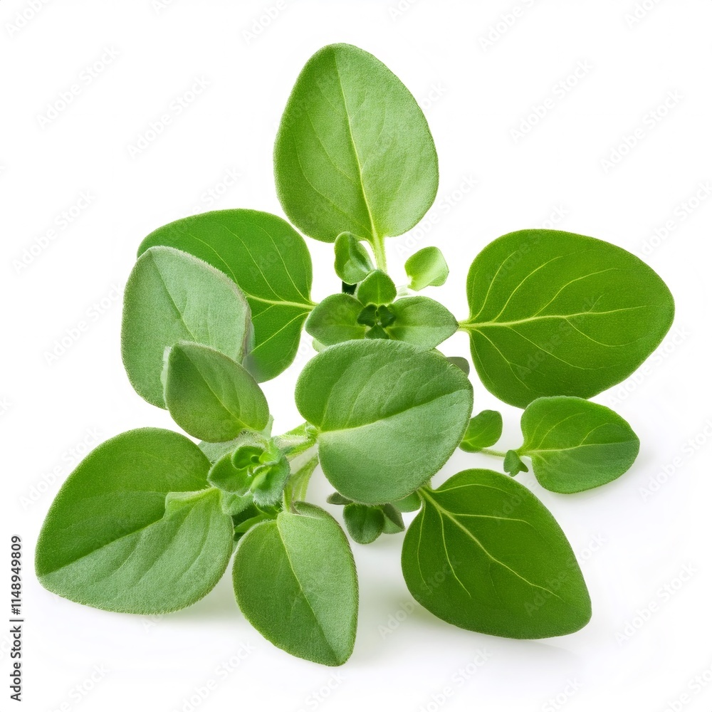 Close up of a fresh oregano sprig, showcasing its vibrant green leaves and delicate structure, isolated on a white background Close up of a fresh oregano sprig, showcasing its vibrant green leaves and delicate structure, isolated on a white background