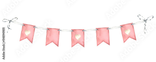 Hanging garland with rectangle flags in pink pastel color. Hand drawn watercolor illustration of pennant for baby party design on isolated background. Bunting for banner, celebration or party design.