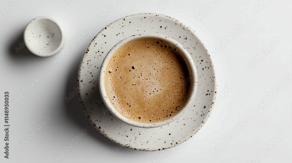 Speckled ceramic cup and saucer with coffee on white background Speckled ceramic cup and saucer with coffee on white background