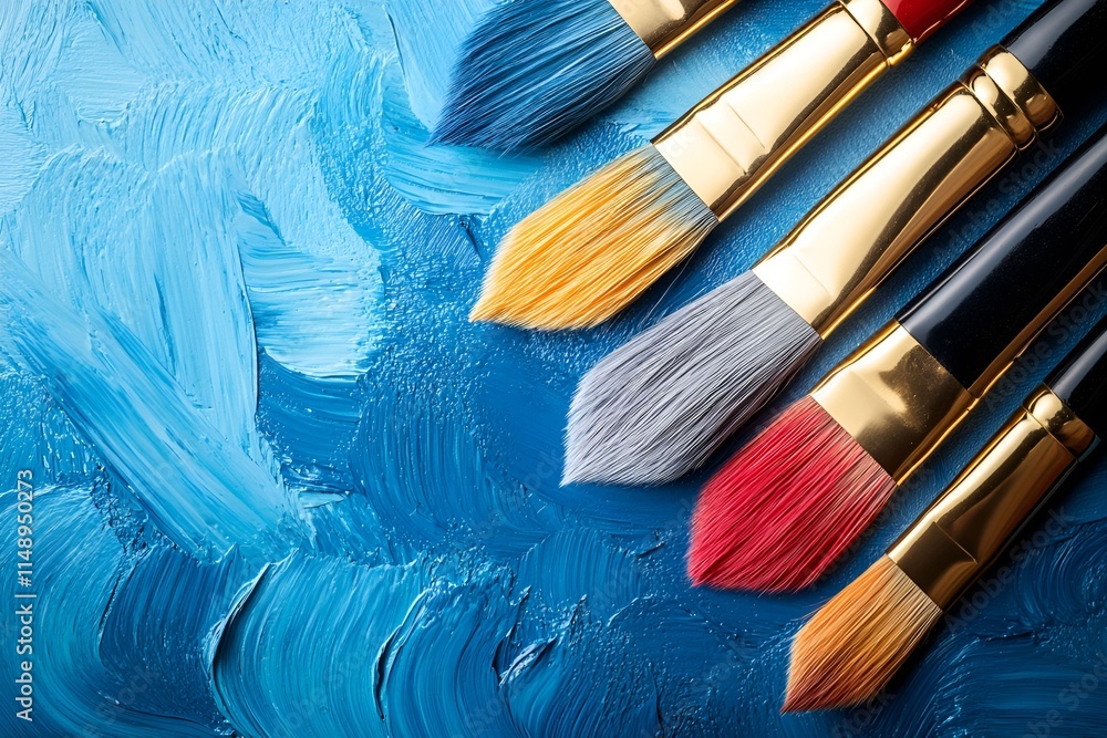 Fototapeta premium A set of colorful paintbrushes lying on a blue textured canvas with bold strokes of paint
