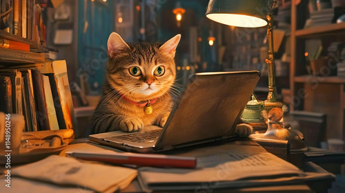 Curious cat typing on laptop amidst vintage library with cozy ambiance