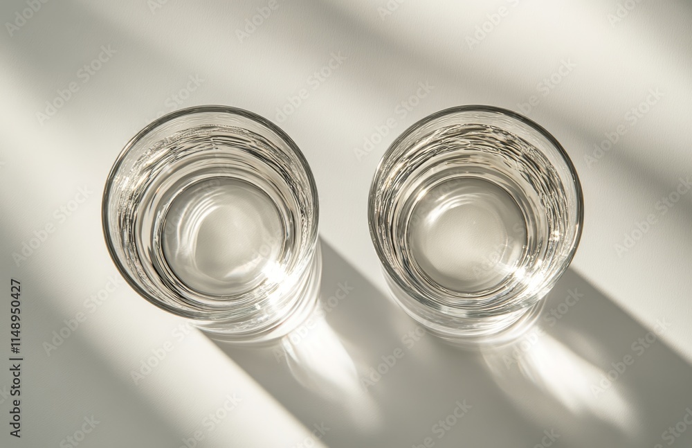 Two elegant glasses of sparkling beverage are positioned on a smooth surface with natural light Two elegant glasses of sparkling beverage are positioned on a smooth surface with natural light