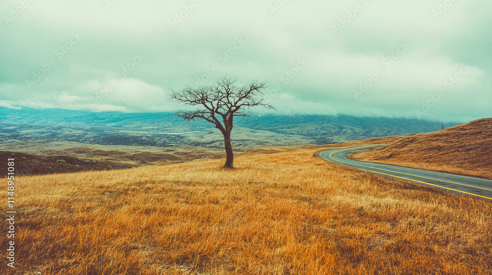 Obraz premium Solitary tree on a winding road in autumnal hills under cloudy sky