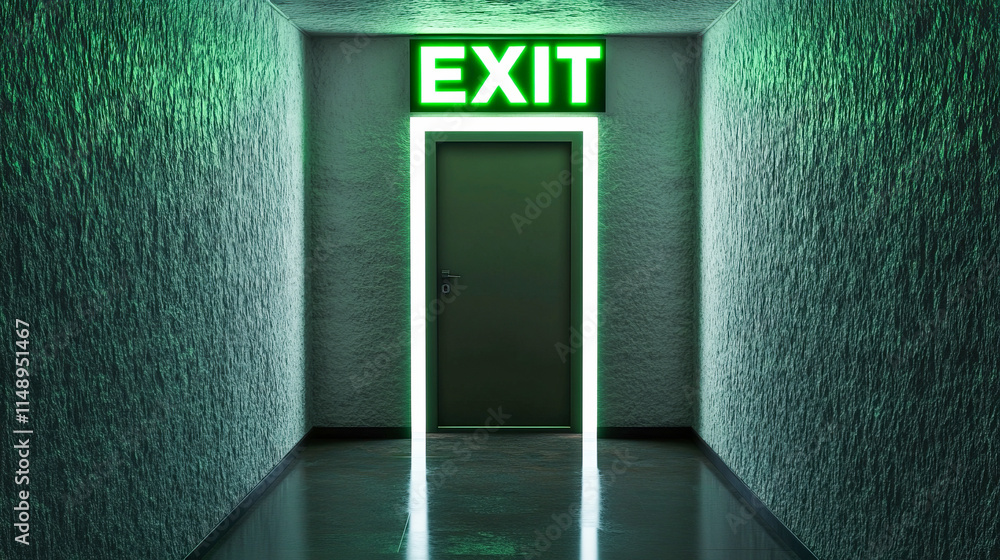 Green illuminated exit door in a narrow hallway with reflective floor Green illuminated exit door in a narrow hallway with reflective floor