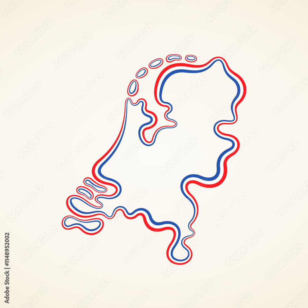 Outline map of Netherlands marked with ribbon in colors from the flag. Outline map of Netherlands marked with ribbon in colors from the flag.