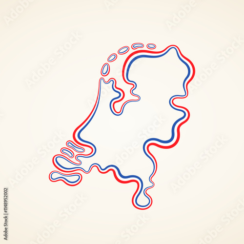 Outline map of Netherlands marked with ribbon in colors from the flag.
