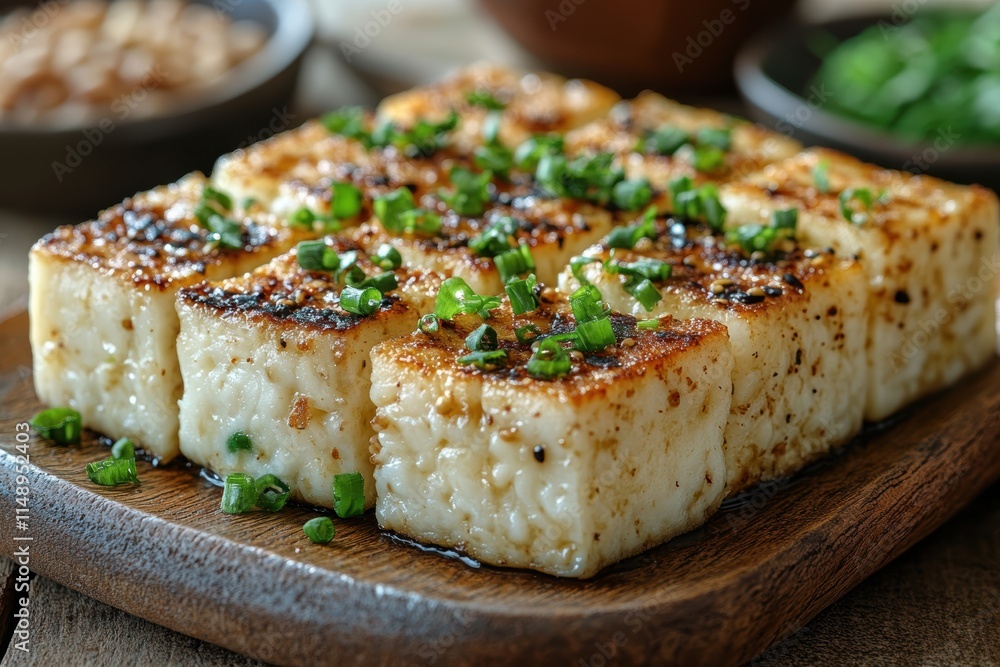 Deliciously Grilled Slices of Asian-Style Tofu Garnished with Freshly Chopped Green Onions, Showcasing a Perfect Blend of Texture and Flavor Deliciously Grilled Slices of Asian-Style Tofu Garnished with Freshly Chopped Green Onions, Showcasing a Perfect Blend of Texture and Flavor