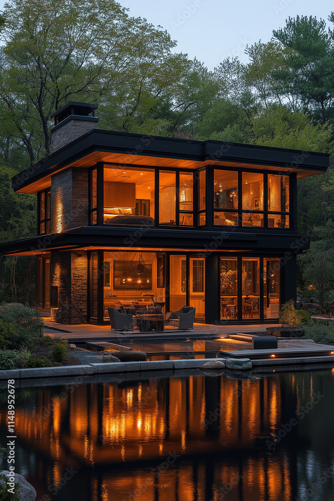 Fototapeta premium Vue Extérieure d’une Maison Moderne au Bord de l’Eau avec Fenêtres du Sol au Plafond, Design Épuré, Terrasse Spacieuse et Mobilier Extérieur, Mélange Parfait de Luxe et Nature