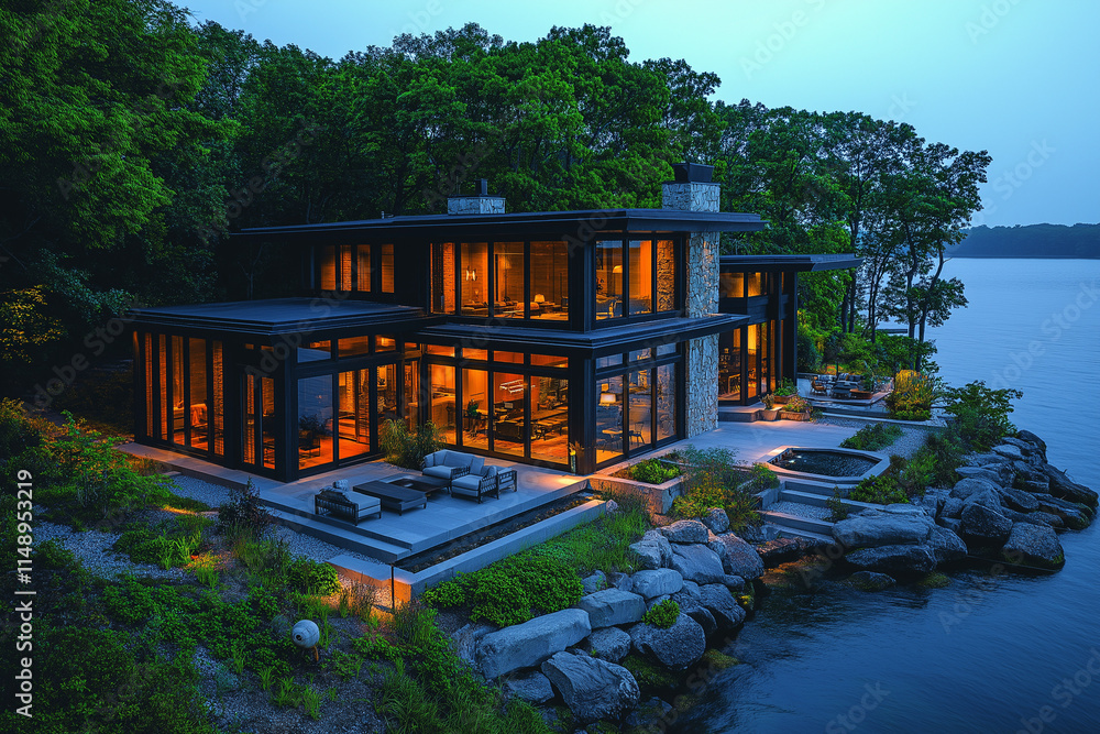 Obraz premium Vue Extérieure d’une Maison Moderne au Bord de l’Eau avec Fenêtres du Sol au Plafond, Design Épuré, Terrasse Spacieuse et Mobilier Extérieur, Mélange Parfait de Luxe et Nature