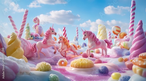 Three pink unicorns frolic in a whimsical candy landscape under a bright blue sky. photo