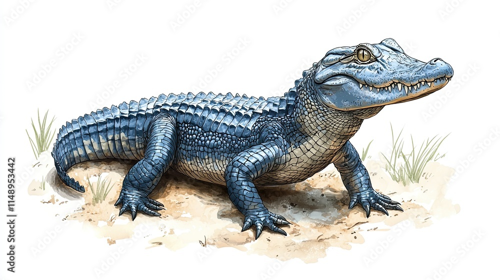 A detailed illustration of a prehistoric crocodilian-like creature on a sandy surface. A detailed illustration of a prehistoric crocodilian-like creature on a sandy surface.
