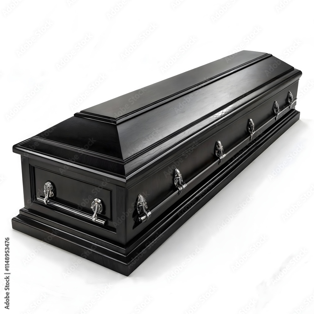 Black coffin with silver handles and fittings, depicted on a white background. Generated by AI. Black coffin with silver handles and fittings, depicted on a white background. Generated by AI.