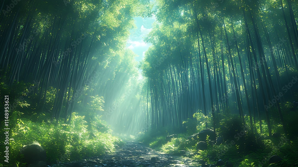 Obraz premium Sunbeams illuminate a serene bamboo forest path.