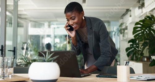 Konstfotografi Black woman, phone call and typing on laptop in office, schedule meeting and talking to client
