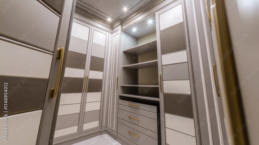 Modern walk-in closet with grey and white cabinets, drawers, and shelves. Modern walk-in closet with grey and white cabinets, drawers, and shelves.