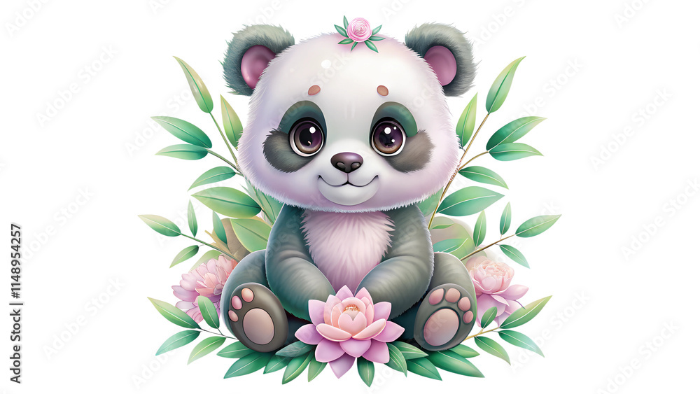 Adorable baby panda in a floral design against a white isolated background in a watercolor style. Adorable baby panda in a floral design against a white isolated background in a watercolor style.