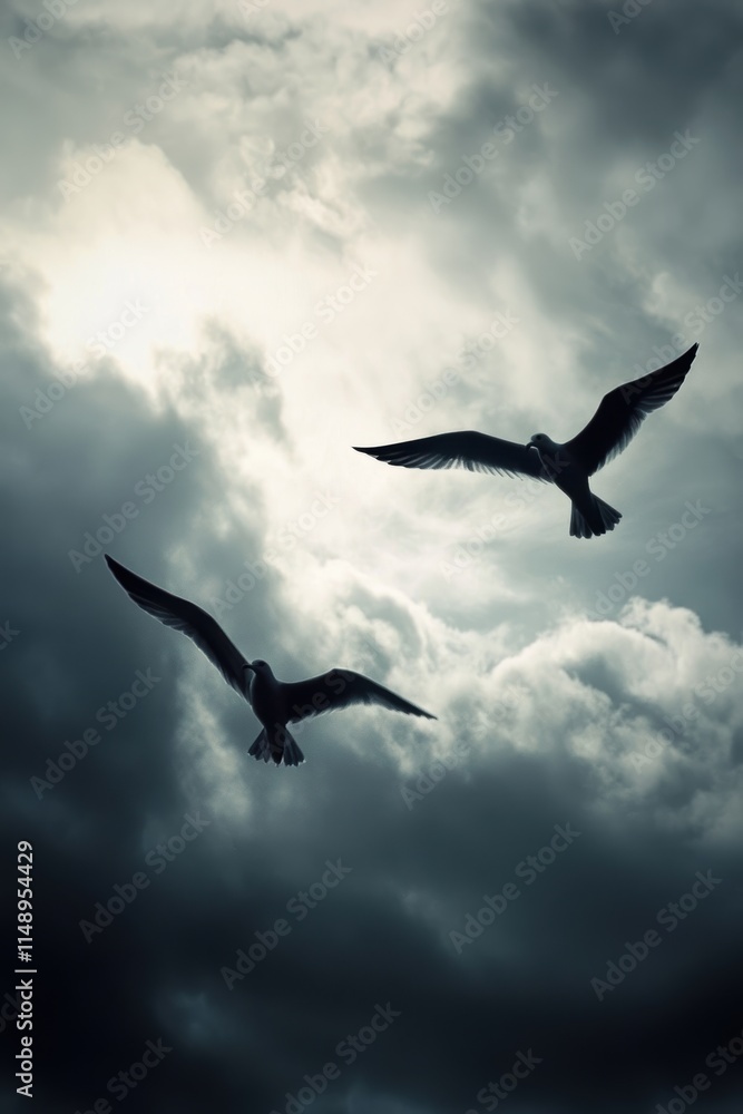 Obraz premium Two majestic birds soar gracefully through a dramatic cloudy sky, showcasing the beauty and freedom of flight amidst the vastness of the heavens.