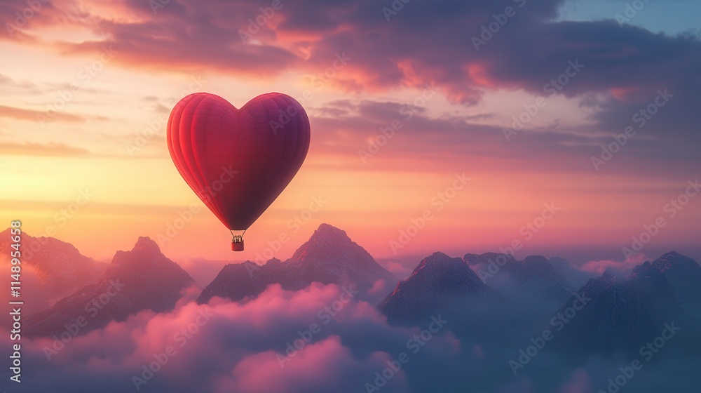 Obraz premium ethereal red heart-shaped balloon soaring above misty mountains at sunset