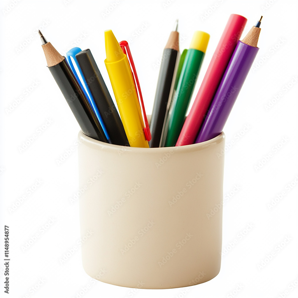 Minimalist Pen Holder with Office Supplies - Isolated on a White Background Minimalist Pen Holder with Office Supplies - Isolated on a White Background