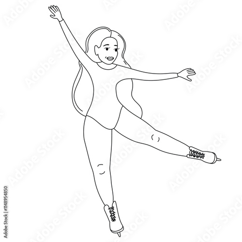 Female figure skater in a teal outfit performing a graceful pose on ice outline vector illustration. Her arms are extended upward with elegance, showcasing poise, balance, and artistry.