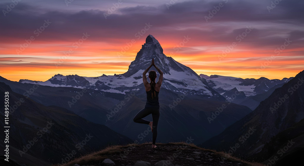 Naklejka premium person practicing yoga in the mountains