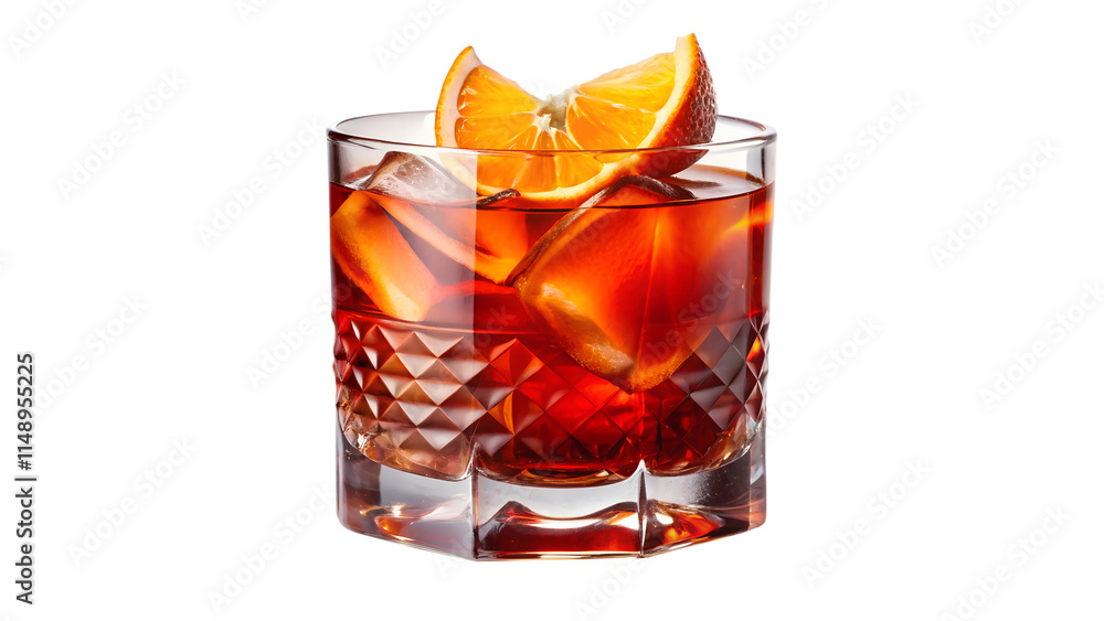 Classic Negroni Cocktail with Orange Slice and Ice on White Background Classic Negroni Cocktail with Orange Slice and Ice on White Background