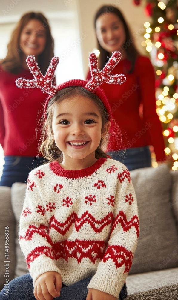 Festive child wearing reindeer antlers. AI. Festive child wearing reindeer antlers. AI.