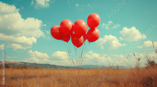 Vibrant Red Balloons Floating Over Serene Landscape with Cloudy Sky