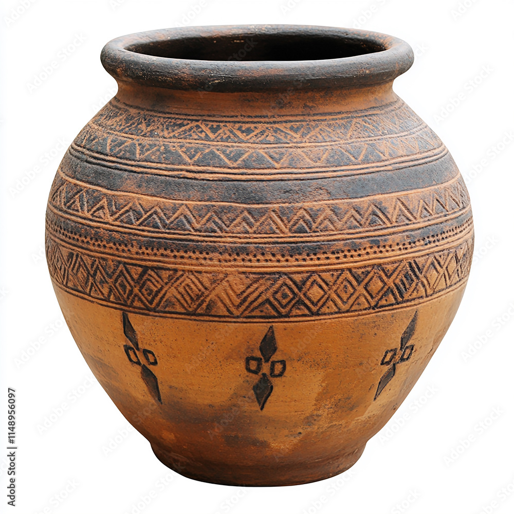 Traditional Clay Pot with Tribal Patterns - Isolated on a Solid White Background Traditional Clay Pot with Tribal Patterns - Isolated on a Solid White Background