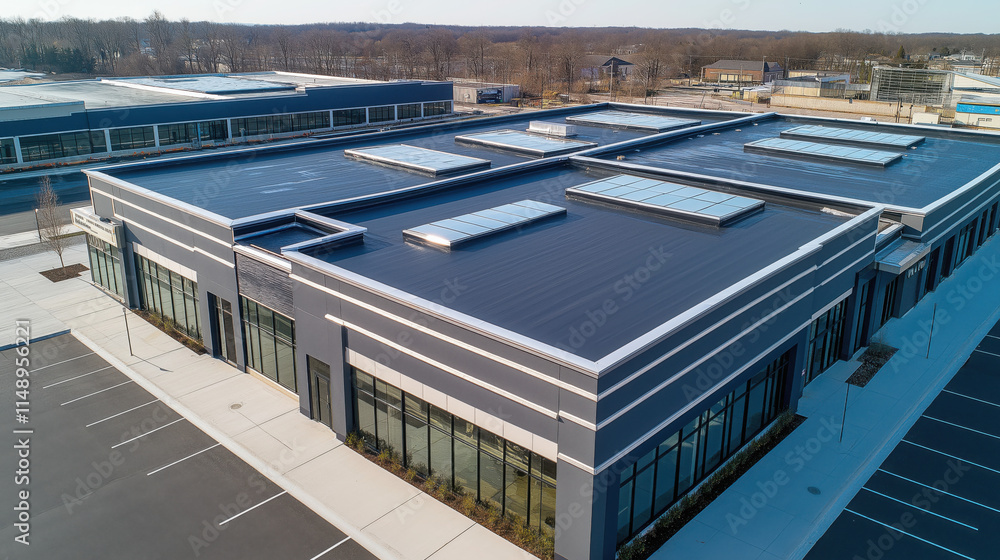 Fototapeta premium Drone Perspective of a Commercial Shopping Center with TPO Roofing and Skylights, Highlighting Structural Details on a Clear Day