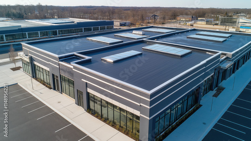 Drone Perspective of a Commercial Shopping Center with TPO Roofing and Skylights, Highlighting Structural Details on a Clear Day