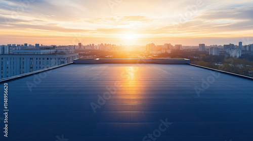 Drone Shot of a Flat EPDM Roof on a Modern Office Building, Surrounded by Urban Landscape Under Bright Sunlight