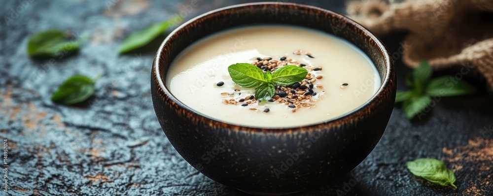 A Cozy Culinary Delight: Creamy Soup in Artisan Bowl Garnished with Fresh Herbs and Seeds for a Delightful Dining Experience on Rustic Tabletop A Cozy Culinary Delight: Creamy Soup in Artisan Bowl Garnished with Fresh Herbs and Seeds for a Delightful Dining Experience on Rustic Tabletop